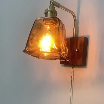 Traditional Vintage Square Cylinder Round Trapezoid Copper Glass 1-Light Wall Sconce Lamp For Bedroom
