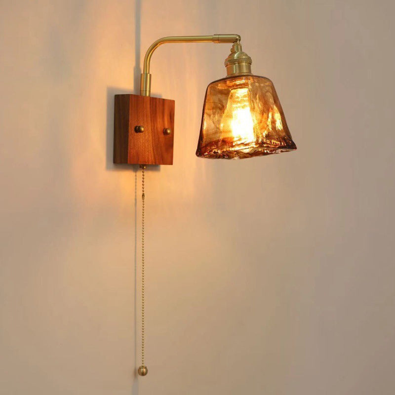 Traditional Vintage Square Cylinder Round Trapezoid Copper Glass 1-Light Wall Sconce Lamp For Bedroom