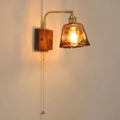 Traditional Vintage Square Cylinder Round Trapezoid Copper Glass 1-Light Wall Sconce Lamp For Bedroom
