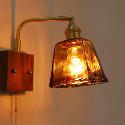 Traditional Vintage Square Cylinder Round Trapezoid Copper Glass 1-Light Wall Sconce Lamp For Bedroom