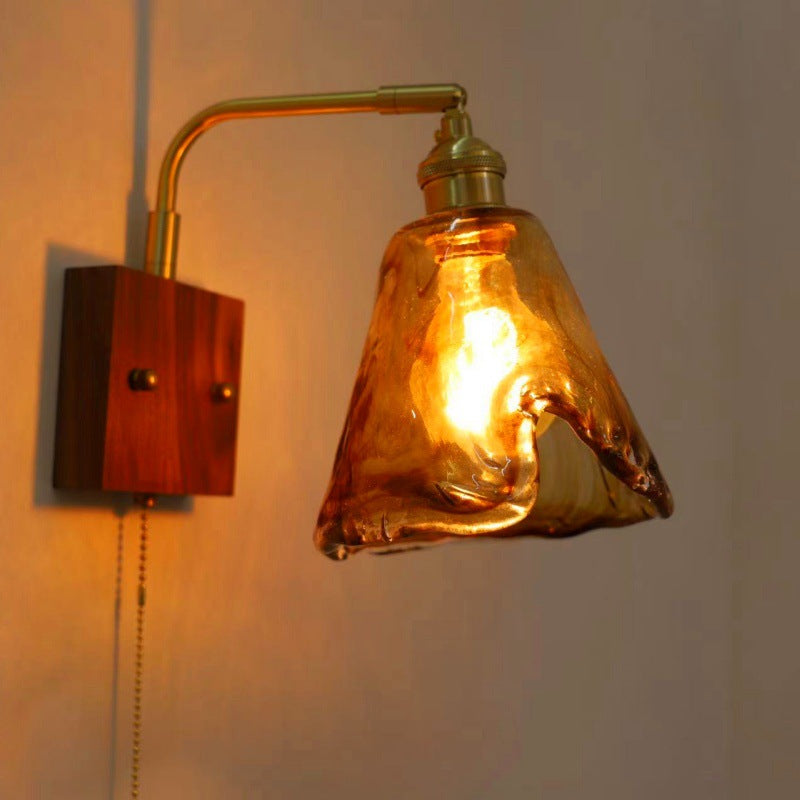 Traditional Vintage Square Cylinder Round Trapezoid Copper Glass 1-Light Wall Sconce Lamp For Bedroom