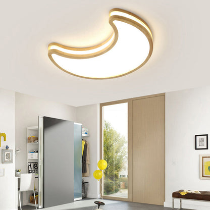 Contemporary Creative Moon Shape Rubberwood Acrylic LED Flush Mount Ceiling Light For Bedroom