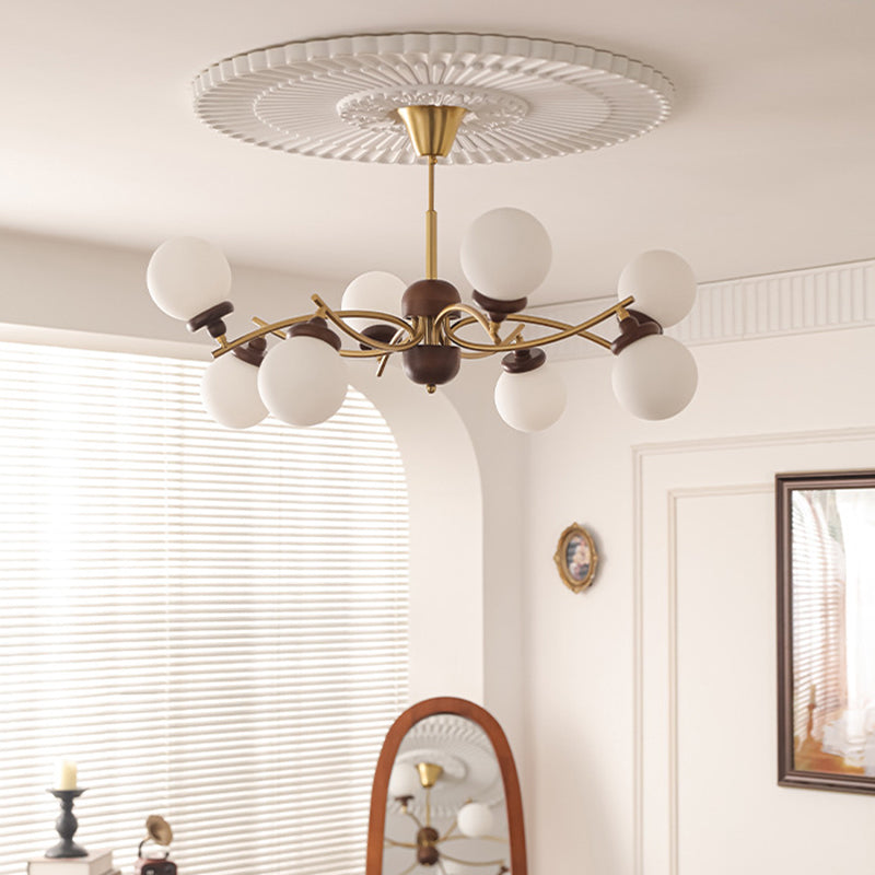 Traditional Vintage Magic Bean Round Orb Wood Iron Glass 4/6/8/10 Light Chandelier For Living Room