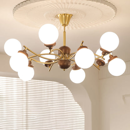 Traditional Vintage Magic Bean Round Orb Wood Iron Glass 4/6/8/10 Light Chandelier For Living Room