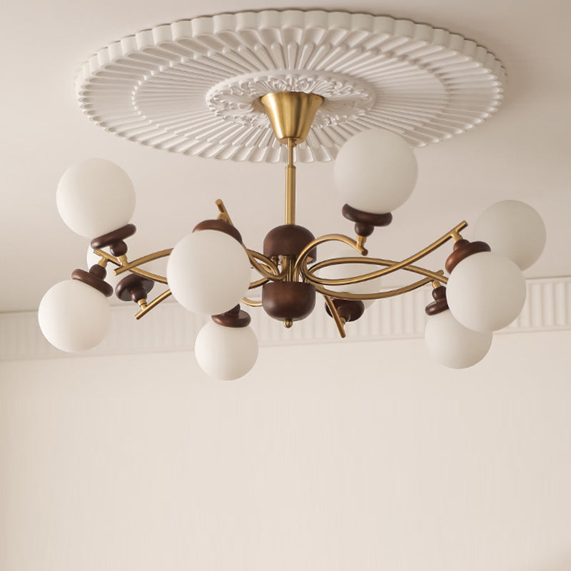 Traditional Vintage Magic Bean Round Orb Wood Iron Glass 4/6/8/10 Light Chandelier For Living Room