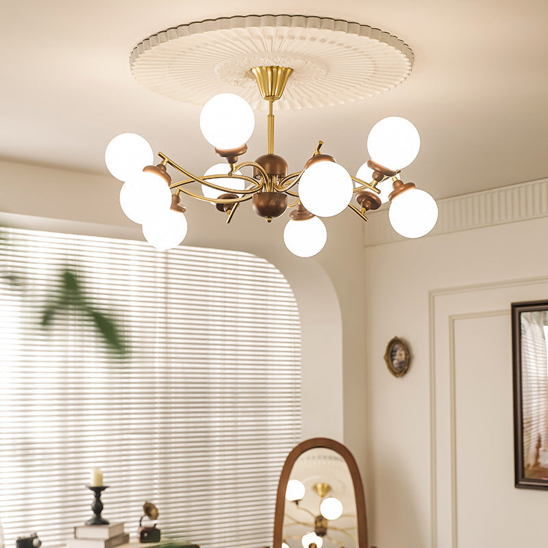 Traditional Vintage Magic Bean Round Orb Wood Iron Glass 4/6/8/10 Light Chandelier For Living Room