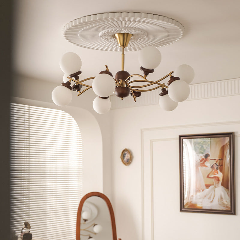 Traditional Vintage Magic Bean Round Orb Wood Iron Glass 4/6/8/10 Light Chandelier For Living Room