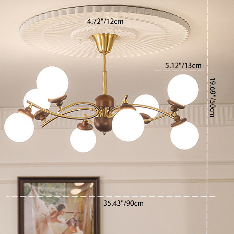 Traditional Vintage Magic Bean Round Orb Wood Iron Glass 4/6/8/10 Light Chandelier For Living Room