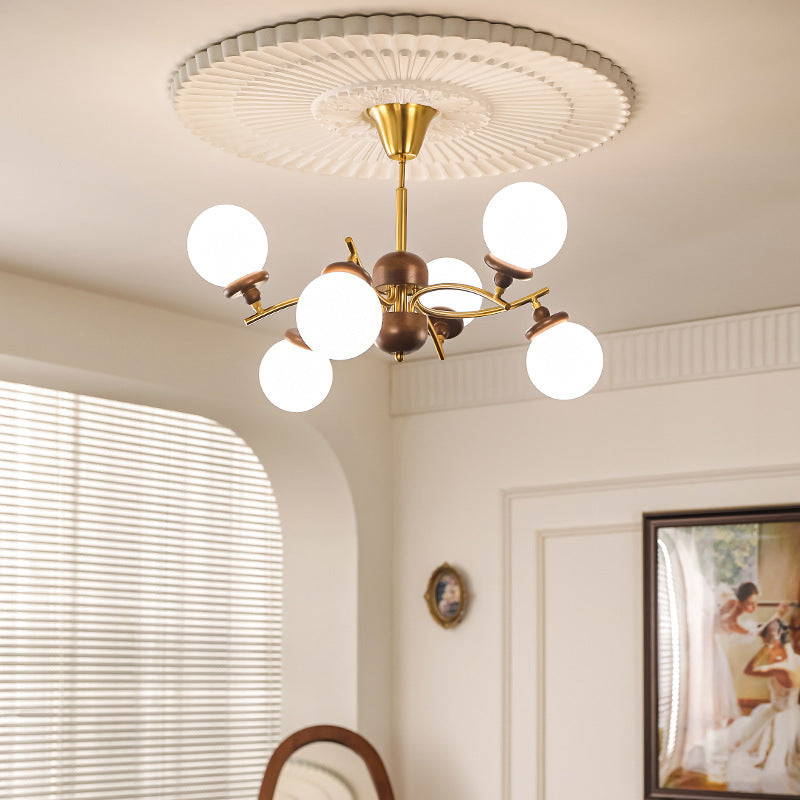 Traditional Vintage Magic Bean Round Orb Wood Iron Glass 4/6/8/10 Light Chandelier For Living Room