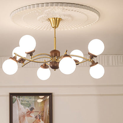 Traditional Vintage Magic Bean Round Orb Wood Iron Glass 4/6/8/10 Light Chandelier For Living Room