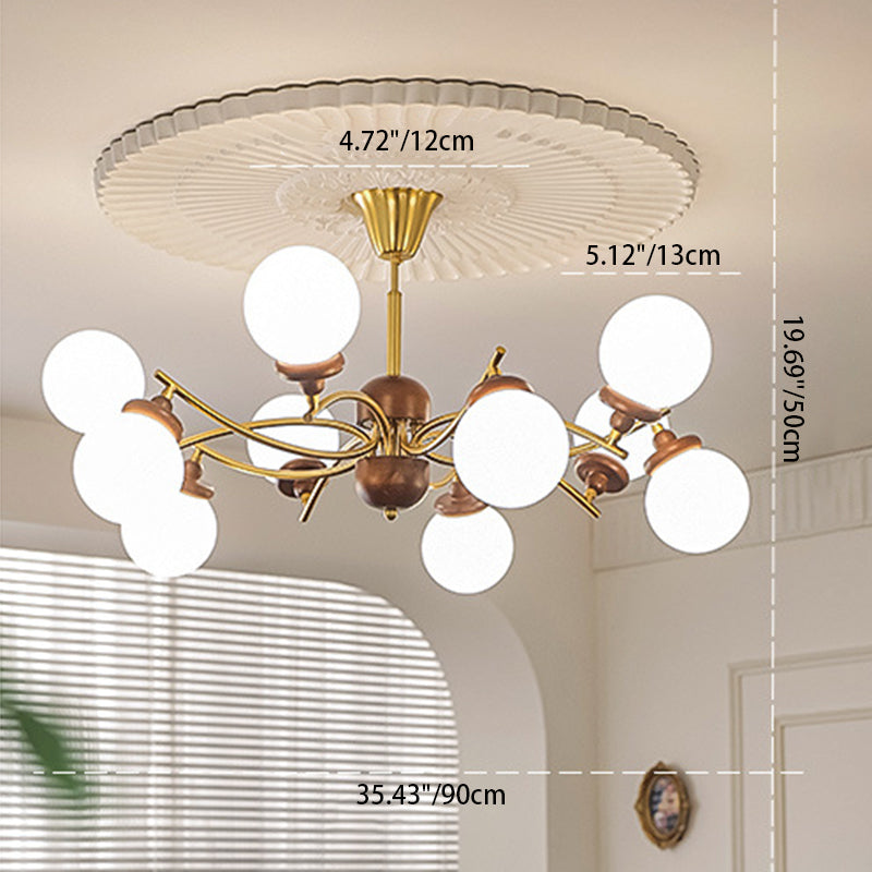 Traditional Vintage Magic Bean Round Orb Wood Iron Glass 4/6/8/10 Light Chandelier For Living Room