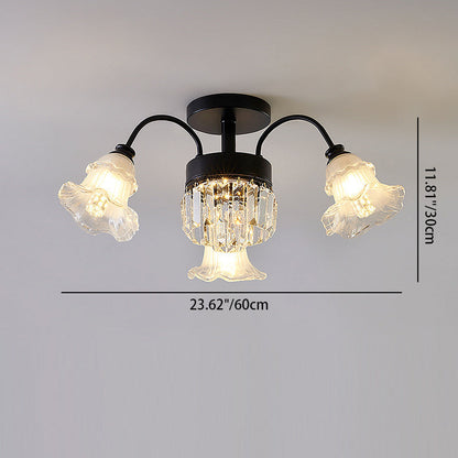Traditional French Flower Shape Round Iron Crystal 3/6/8 Light Semi-Flush Mount Ceiling Light For Living Room
