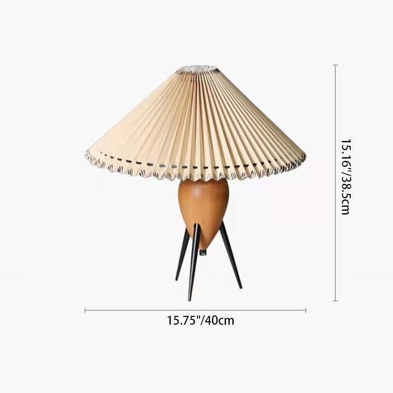 Traditional Vintage Pleated Oval Cone Rubberwood Iron Fabric 1-Light Table Lamp For Bedroom