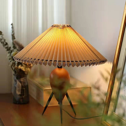 Traditional Vintage Pleated Oval Cone Rubberwood Iron Fabric 1-Light Table Lamp For Bedroom