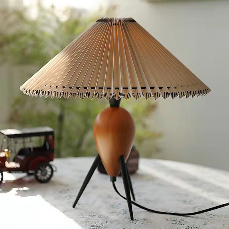 Traditional Vintage Pleated Oval Cone Rubberwood Iron Fabric 1-Light Table Lamp For Bedroom