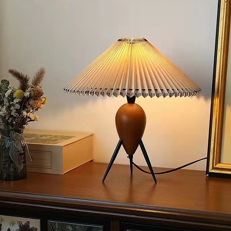Traditional Vintage Pleated Oval Cone Rubberwood Iron Fabric 1-Light Table Lamp For Bedroom