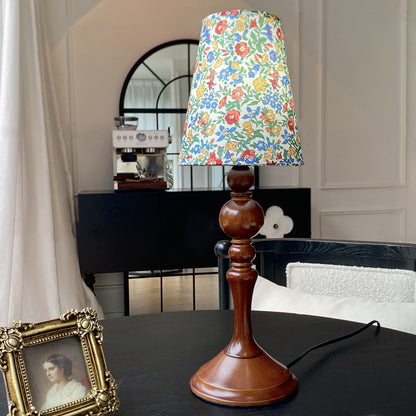 Traditional Vintage Petal Cylinder Wood Fabric 1-Light Table Lamp For Bedroom