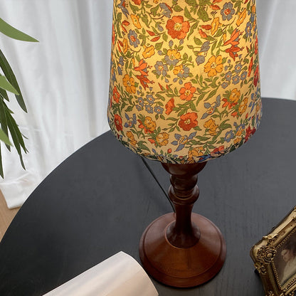 Traditional Vintage Petal Cylinder Wood Fabric 1-Light Table Lamp For Bedroom