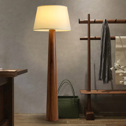 Traditional Vintage Round Cylinder Wood Fabric 1-Light Standing Floor Lamp For Living Room