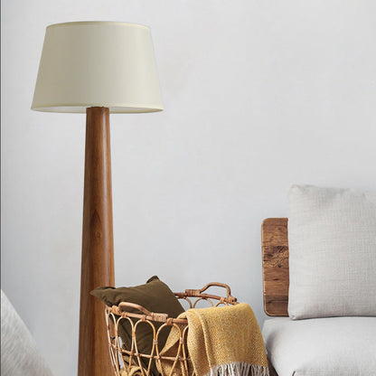 Traditional Vintage Round Cylinder Wood Fabric 1-Light Standing Floor Lamp For Living Room