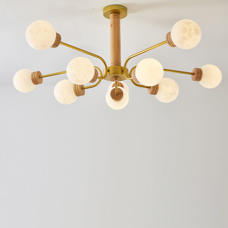 Contemporary Scandinavian Round Iron Oak Acrylic 6/10 Light Chandelier For Bedroom