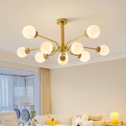 Contemporary Scandinavian Round Iron Oak Acrylic 6/10 Light Chandelier For Bedroom