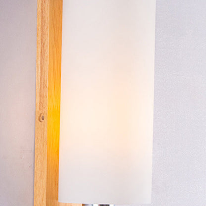 Modern Minimalist Rectangular Cylinder Wood Glass 1-Light Wall Sconce Lamp For Bedroom