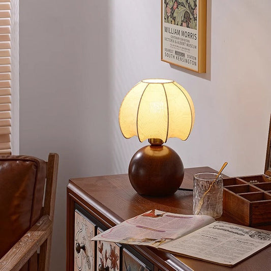 Traditional Vintage Round Oval Wood Fabric 1-Light Table Lamp For Bedroom