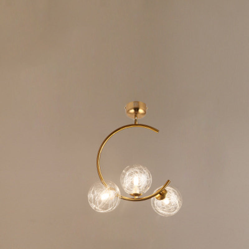 Contemporary Creative Orb Circle Iron Glass 3-Light Semi-Flush Mount Ceiling Light For Bedroom