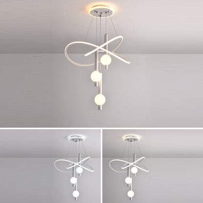 Contemporary Scandinavian Cylinder Orb Curve Aluminum Iron Acrylic LED Chandelier For Bedroom