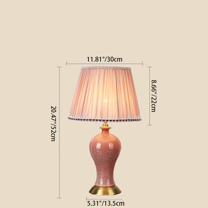 Traditional Chinese Round Cylinder Ceramic Fabric 1-Light Table Lamp For Bedroom