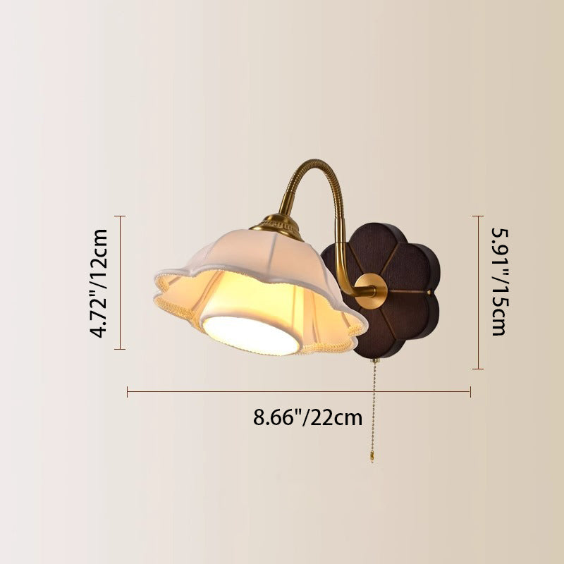 伝統的なフランスの花柄ラウンド木製合金ファブリック1ライト壁取り付け用燭台ランプ寝室用