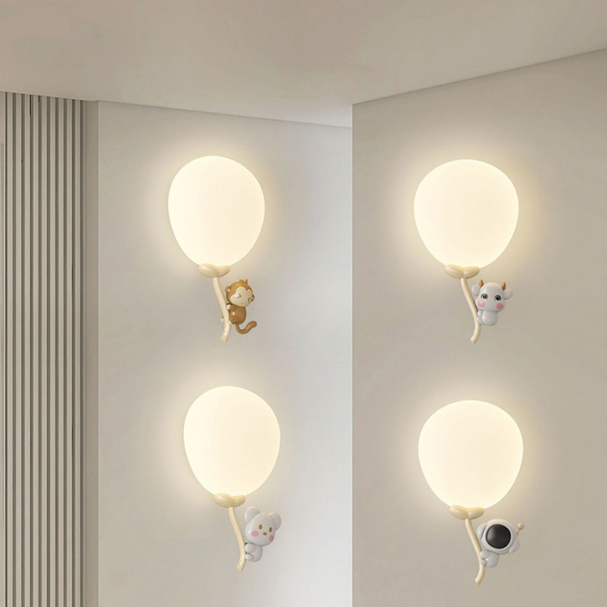 Contemporary Creative Cream Round Balloon Monkey Cow Spaceman Bear PE Iron LED Wall Sconce Lamp For Bedroom