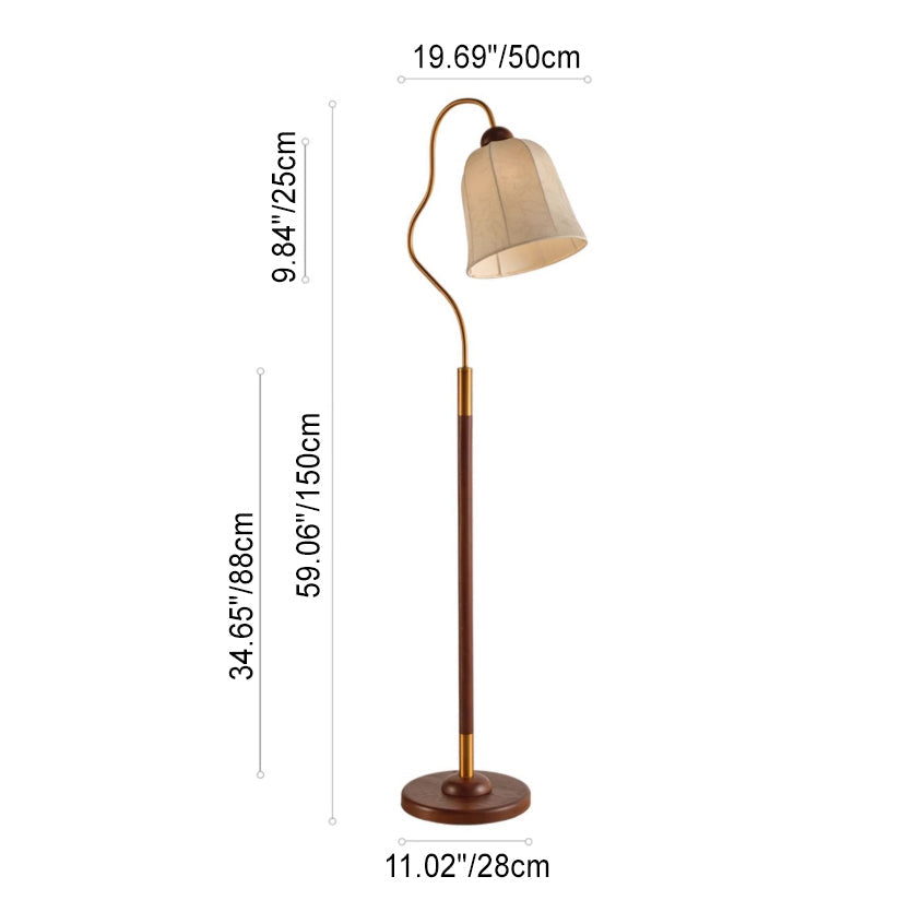 Traditional Vintage Round Curved Wood Fabric 1-Light Standing Floor Lamp For Bedroom