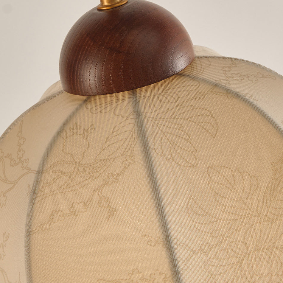 Traditional Vintage Round Curved Wood Fabric 1-Light Standing Floor Lamp For Bedroom