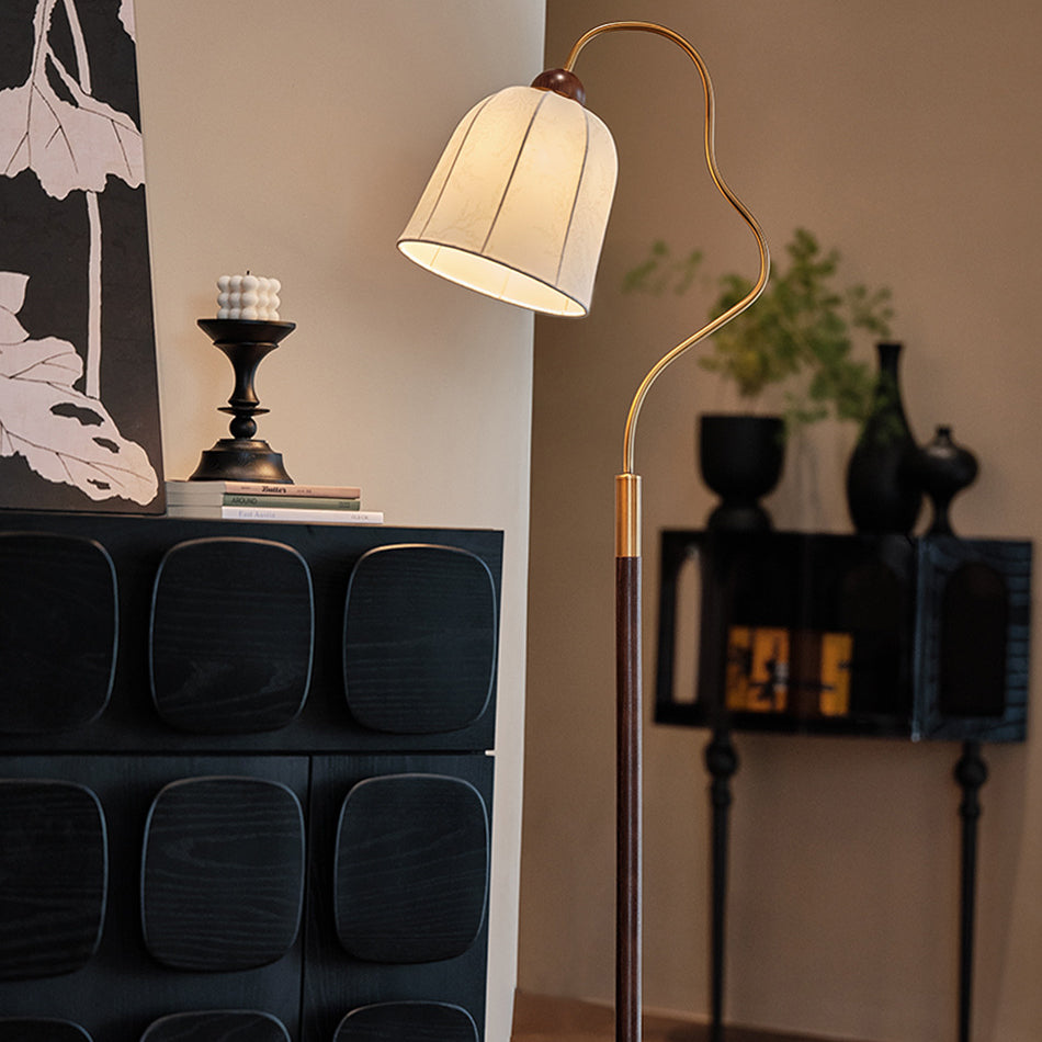 Traditional Vintage Round Curved Wood Fabric 1-Light Standing Floor Lamp For Bedroom