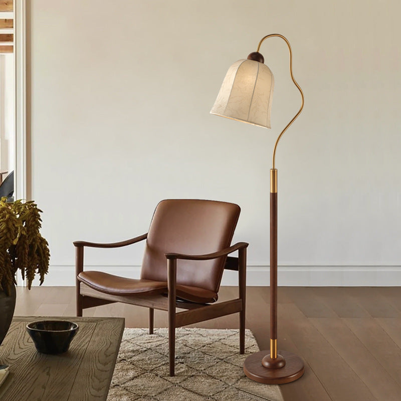 Traditional Vintage Round Curved Wood Fabric 1-Light Standing Floor Lamp For Bedroom
