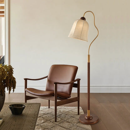 Traditional Vintage Round Curved Wood Fabric 1-Light Standing Floor Lamp For Bedroom