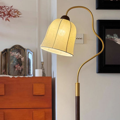 Traditional Vintage Round Curved Wood Fabric 1-Light Standing Floor Lamp For Bedroom
