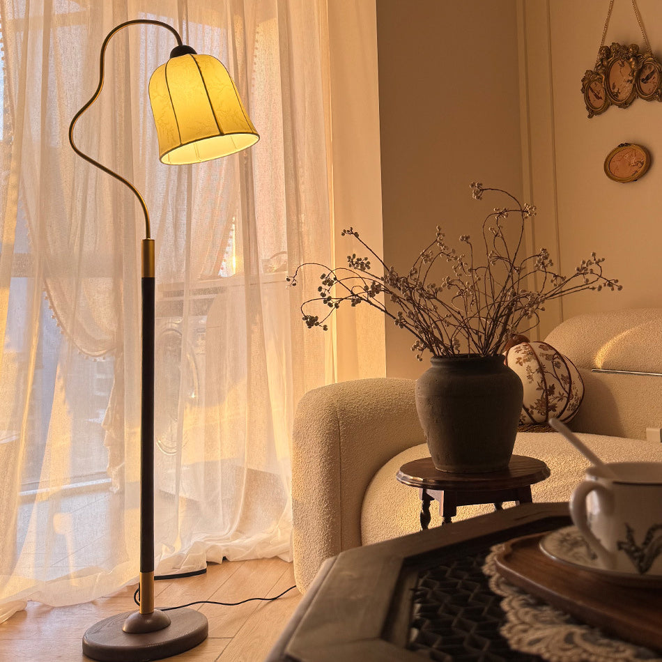 Traditional Vintage Round Curved Wood Fabric 1-Light Standing Floor Lamp For Bedroom