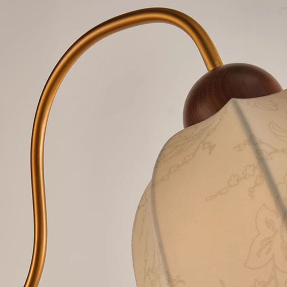 Traditional Vintage Round Curved Wood Fabric 1-Light Standing Floor Lamp For Bedroom