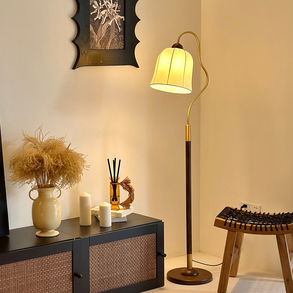 Traditional Vintage Round Curved Wood Fabric 1-Light Standing Floor Lamp For Bedroom