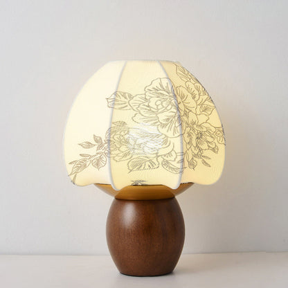 Traditional French Round Wood Alloy Fabric 1-Light Table Lamp For Bedroom