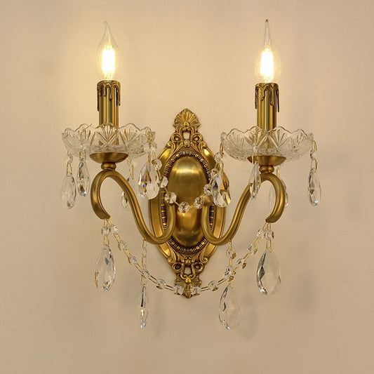 Traditional French Candle Shape Copper Crystal 2-Light Wall Sconce Lamp For Bedroom