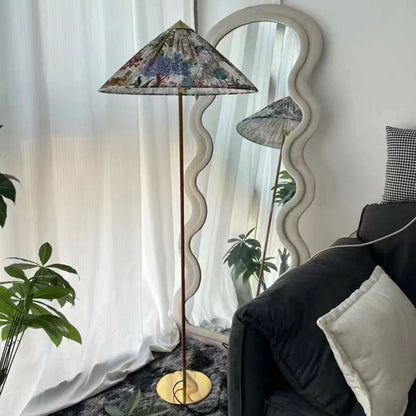 Modern Minimalist Umbrella Cone Iron Bamboo Fabric 3-Light Standing Floor Lamp For Living Room