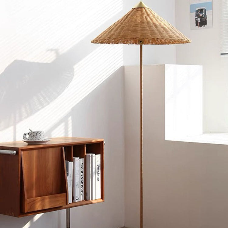 Modern Minimalist Umbrella Cone Iron Bamboo Fabric 3-Light Standing Floor Lamp For Living Room
