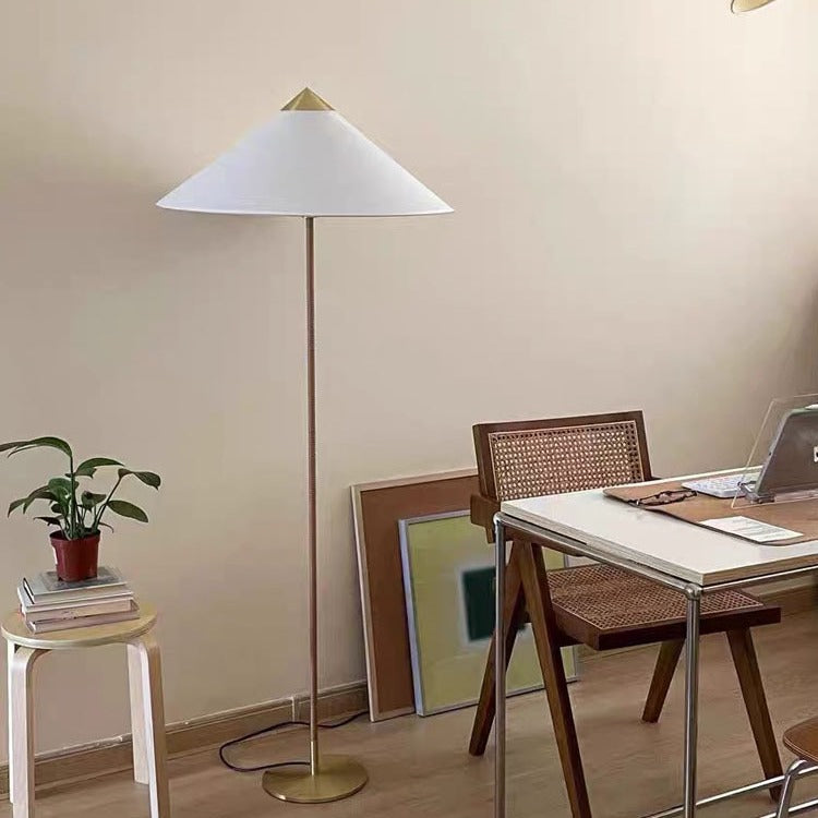 Modern Minimalist Umbrella Cone Iron Bamboo Fabric 3-Light Standing Floor Lamp For Living Room