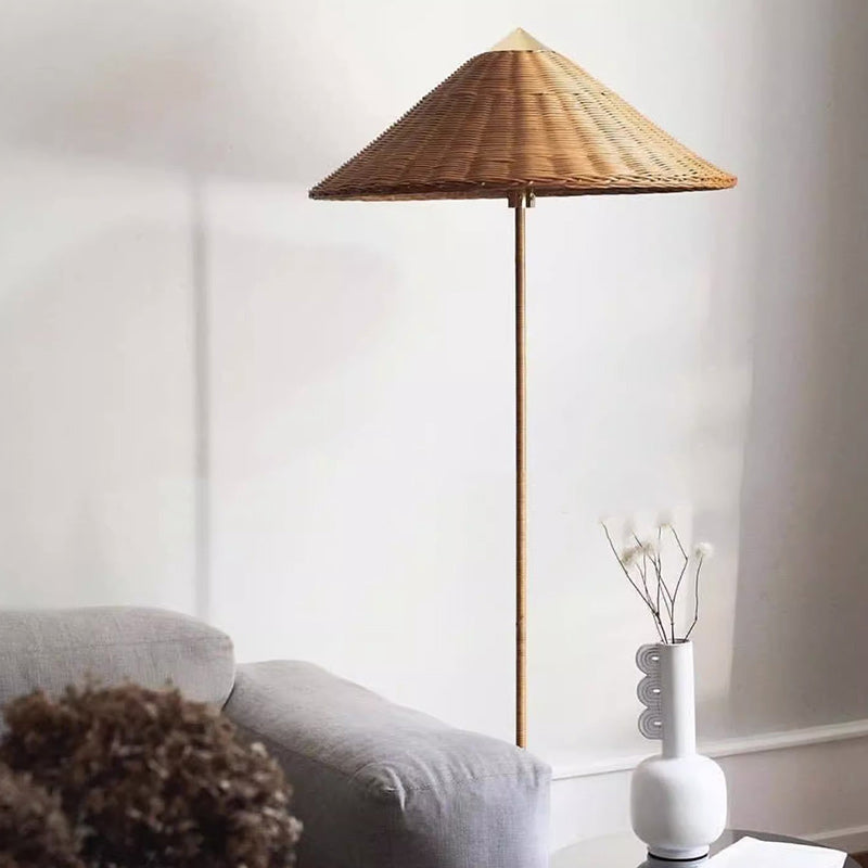 Modern Minimalist Umbrella Cone Iron Bamboo Fabric 3-Light Standing Floor Lamp For Living Room