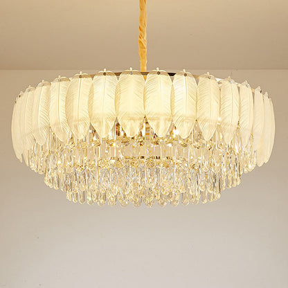 Traditional French Cream Feather Round Iron Crystal 5/8/11/15/21 Light Chandelier For Living Room