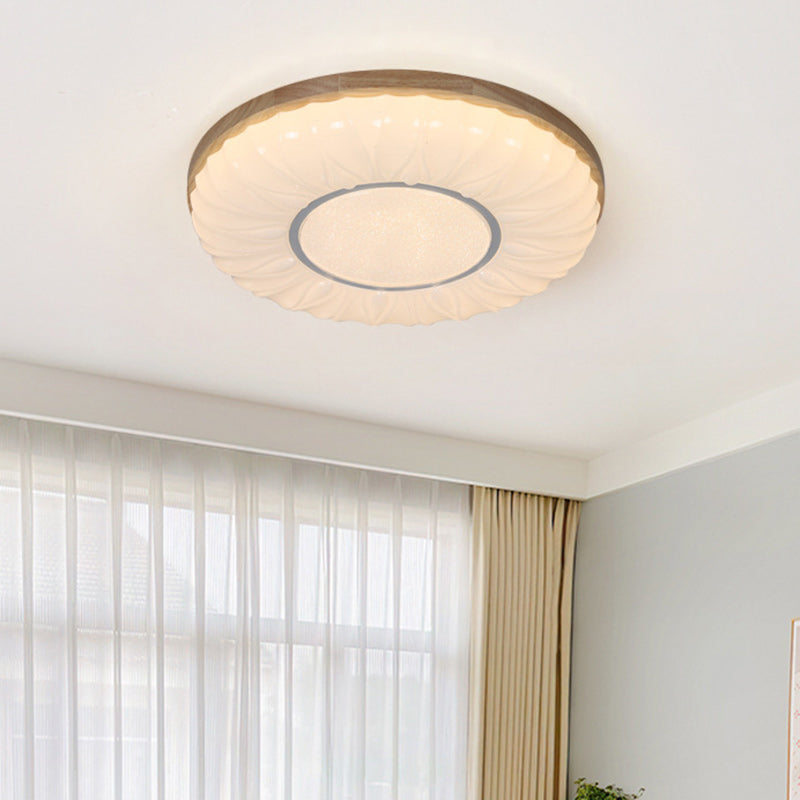 Contemporary Scandinavian Round Dome Iron PS Wood LED Flush Mount Ceiling Light For Bedroom